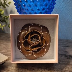 Leather Brown Flower Statement Brooch Out Of The Box Boutique